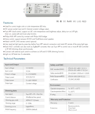 LED контролер DIM CCT PUSH-DIM ZigBee + RF 12-36V 2CHx5A WZ1 DEYA
