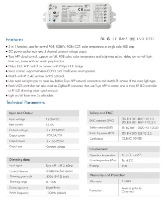 5CH*3A 12-24V ZigBee & RF 5 in1 CV Controller WZ5 (Tuya App)