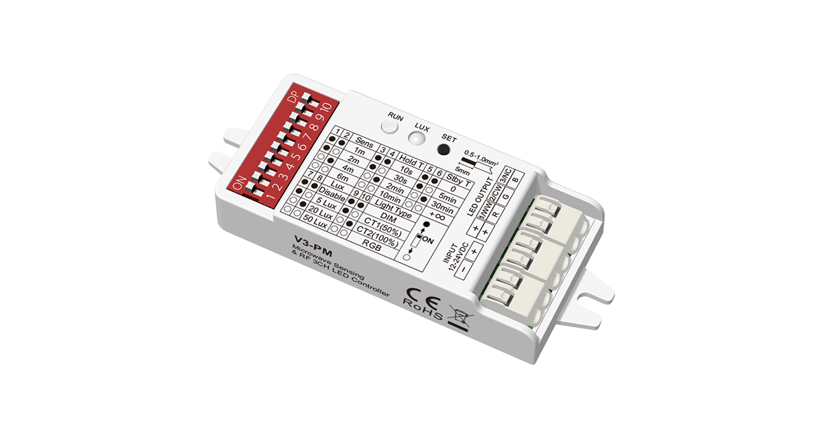 V3-PE-Skydance-12-24VDC-3CHx2A-Microwave-Human-Presence-Sensor+RF-LED-Controller V3-PE-Skydance-12-24VDC-3CHx2A-Microwave-Human-Presence-Sensor+RF-LED-Controller